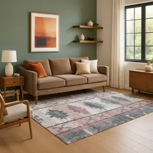 Photo of Denim Blue Blush And Ivory Tribal Washable Area Rug With UV Protection