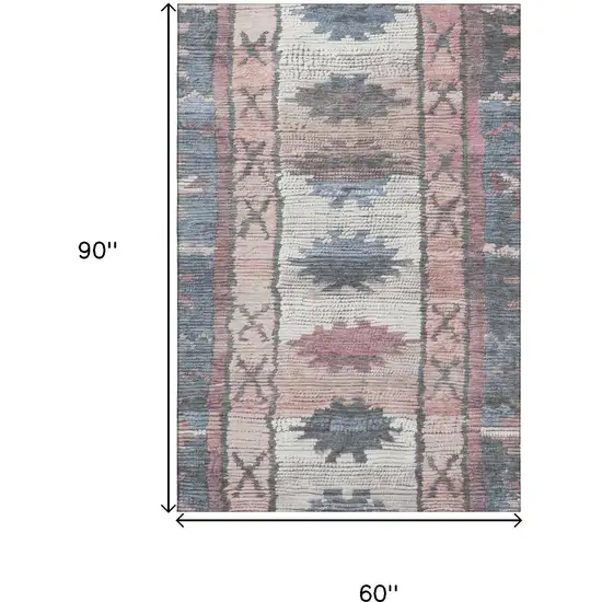 Denim Blue Blush And Ivory Tribal Washable Area Rug With UV Protection Photo 9