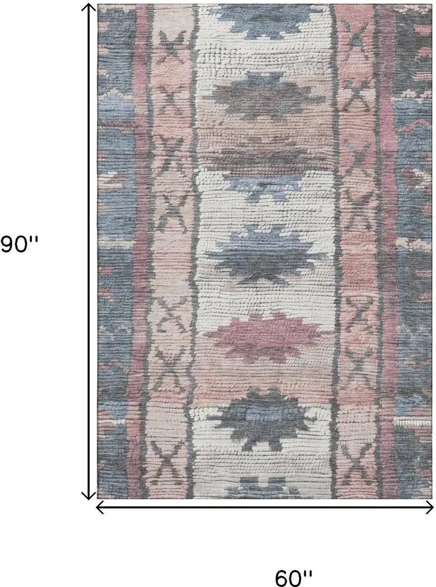 Denim Blue Blush And Ivory Tribal Washable Area Rug With UV Protection Photo 9