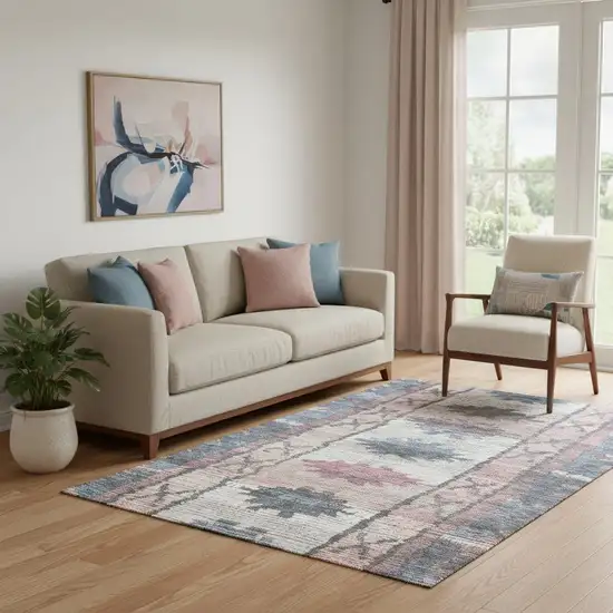 Denim Blue Blush And Ivory Tribal Washable Area Rug With UV Protection Photo 2