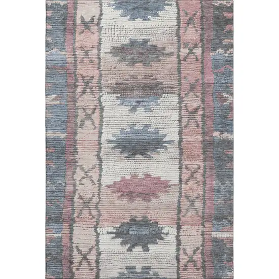 Denim Blue Blush And Ivory Tribal Washable Area Rug With UV Protection Photo 1