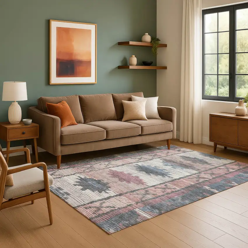 Denim Blue Blush And Ivory Tribal Washable Area Rug With UV Protection Photo 4