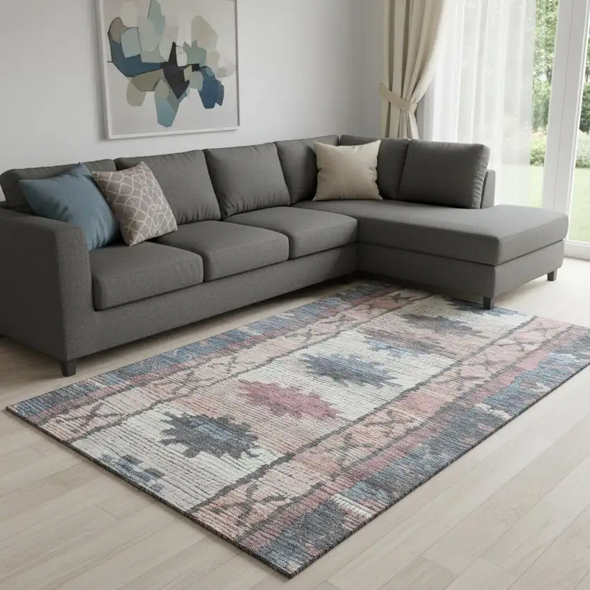 Denim Blue Blush And Ivory Tribal Washable Area Rug With UV Protection Photo 2