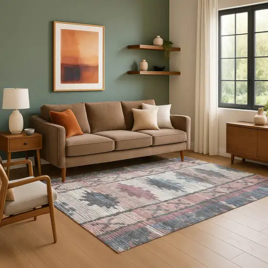 Denim Blue Blush And Ivory Tribal Washable Area Rug With UV Protection Photo 5