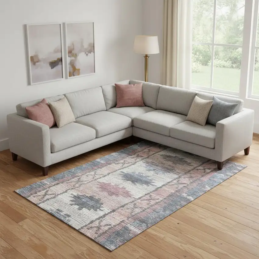 Denim Blue Blush And Ivory Tribal Washable Area Rug With UV Protection Photo 2