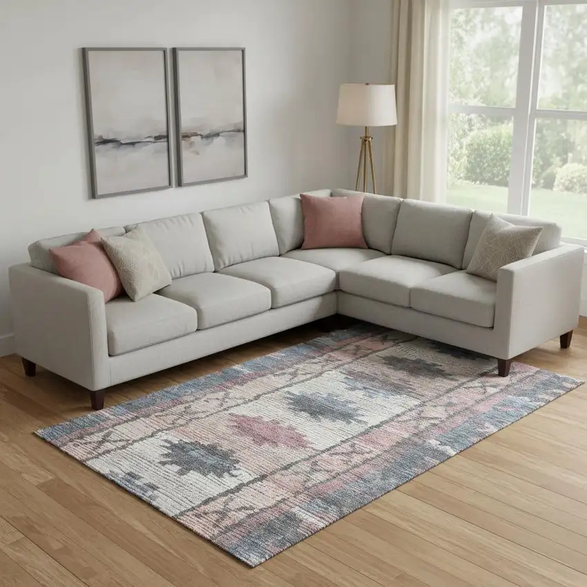 Denim Blue Blush And Ivory Tribal Washable Area Rug With UV Protection Photo 2