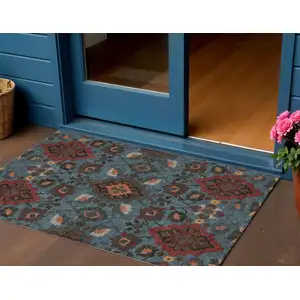 Photo of Denim Blue Brick Red And Brown Oriental Washable Indoor Outdoor Area Rug