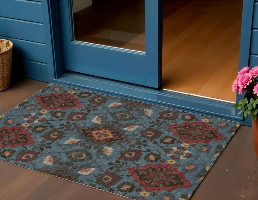 Denim Blue Brick Red And Brown Oriental Washable Indoor Outdoor Area Rug Photo 1