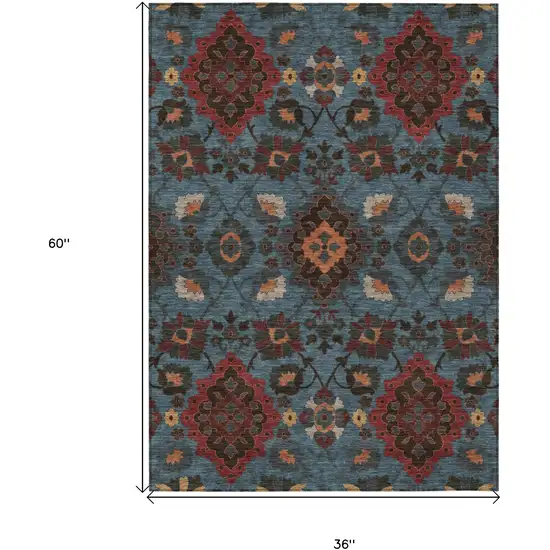 Denim Blue Brick Red And Brown Oriental Washable Indoor Outdoor Area Rug Photo 3