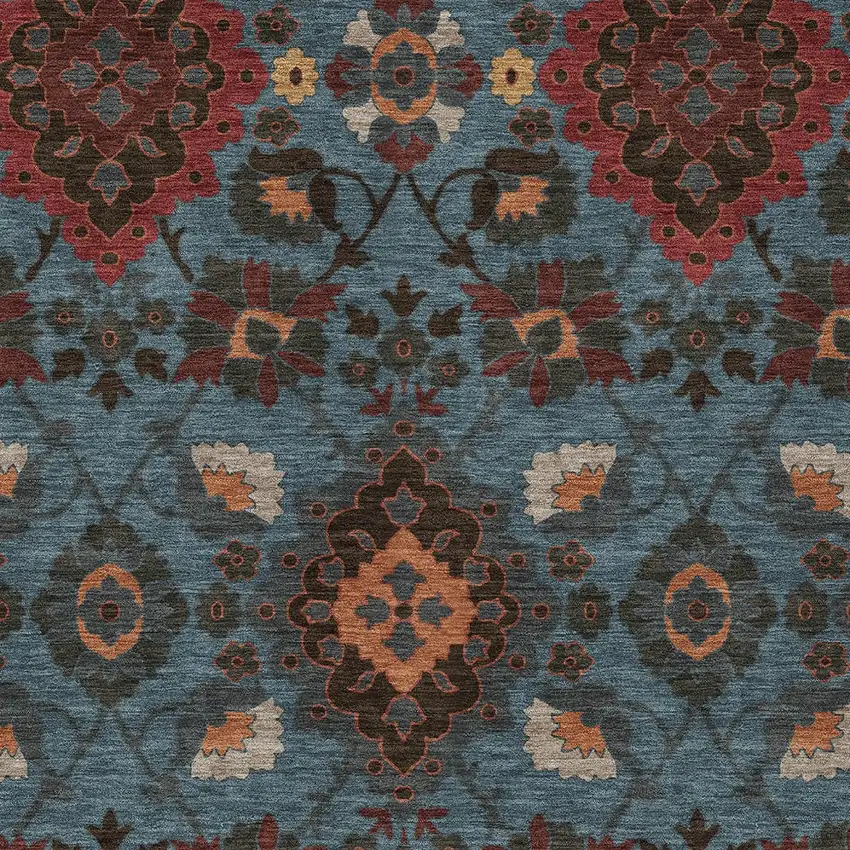 Denim Blue Brick Red And Brown Oriental Washable Indoor Outdoor Area Rug Photo 5