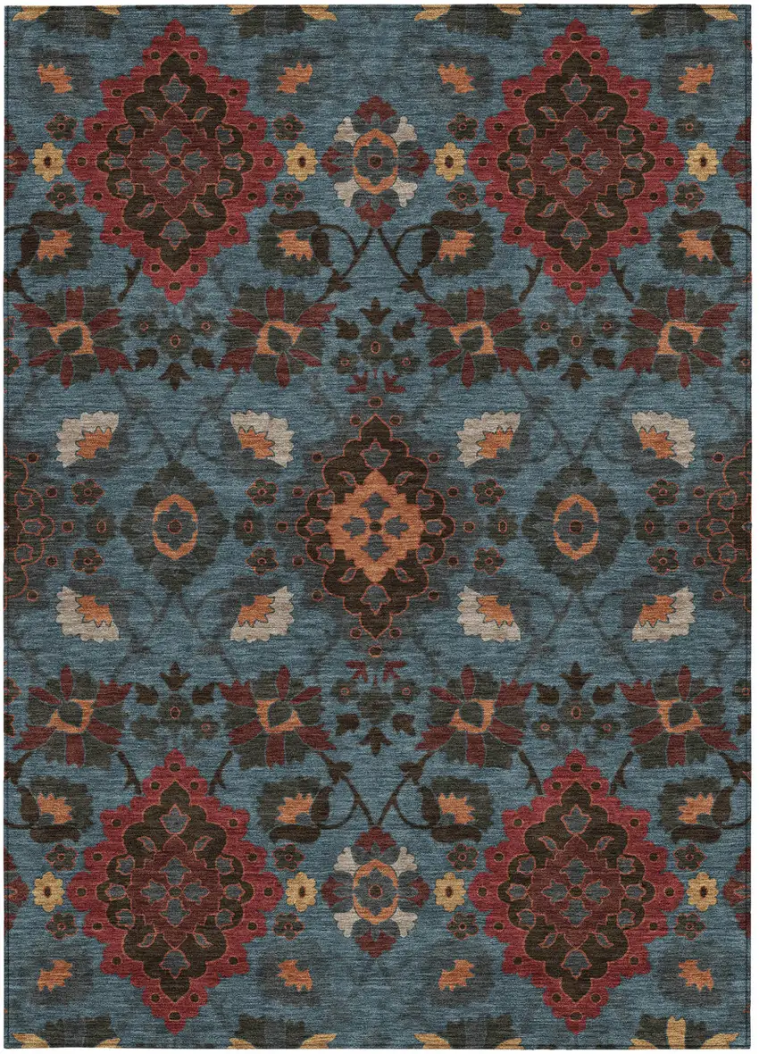 Denim Blue Brick Red And Brown Oriental Washable Indoor Outdoor Area Rug Photo 7