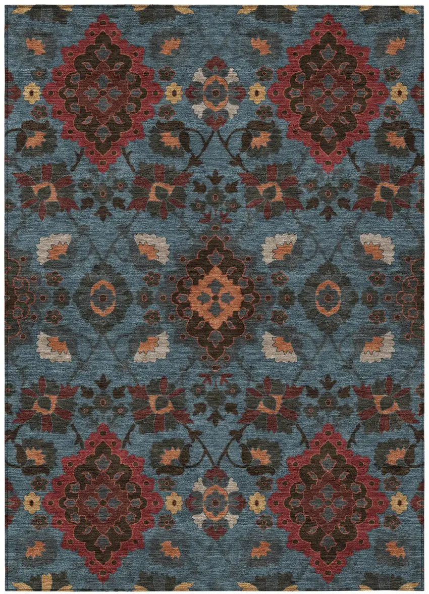 Denim Blue Brick Red And Brown Oriental Washable Indoor Outdoor Area Rug Photo 2