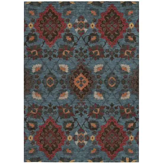 Denim Blue Brick Red And Brown Oriental Washable Indoor Outdoor Area Rug Photo 6