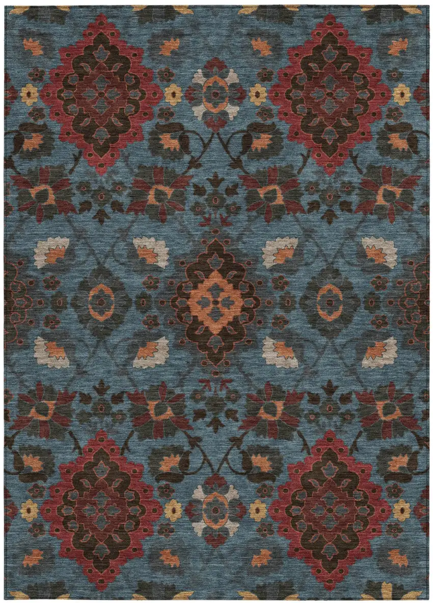 Denim Blue Brick Red And Brown Oriental Washable Indoor Outdoor Area Rug Photo 6