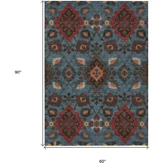 Denim Blue Brick Red And Brown Oriental Washable Indoor Outdoor Area Rug Photo 7