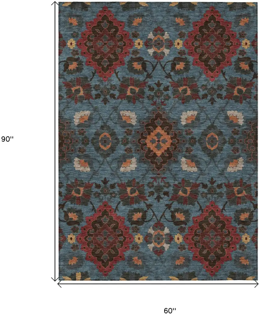 Denim Blue Brick Red And Brown Oriental Washable Indoor Outdoor Area Rug Photo 7