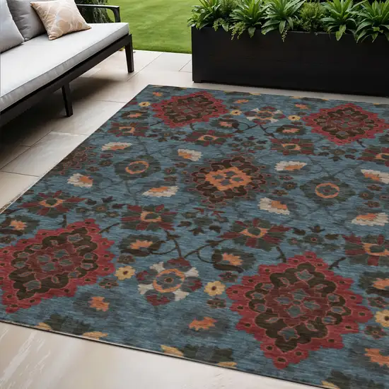 Denim Blue Brick Red And Brown Oriental Washable Indoor Outdoor Area Rug Photo 1