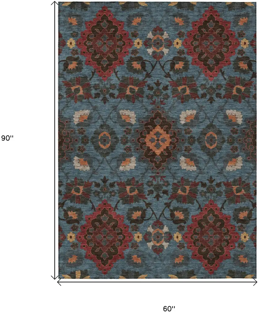 Denim Blue Brick Red And Brown Oriental Washable Indoor Outdoor Area Rug Photo 3