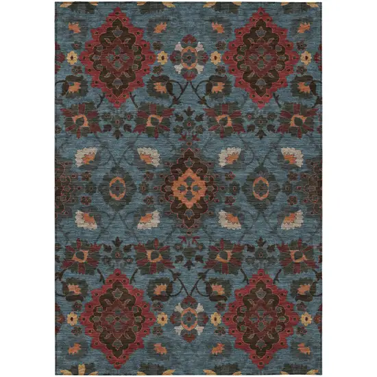 Denim Blue Brick Red And Brown Oriental Washable Indoor Outdoor Area Rug Photo 2