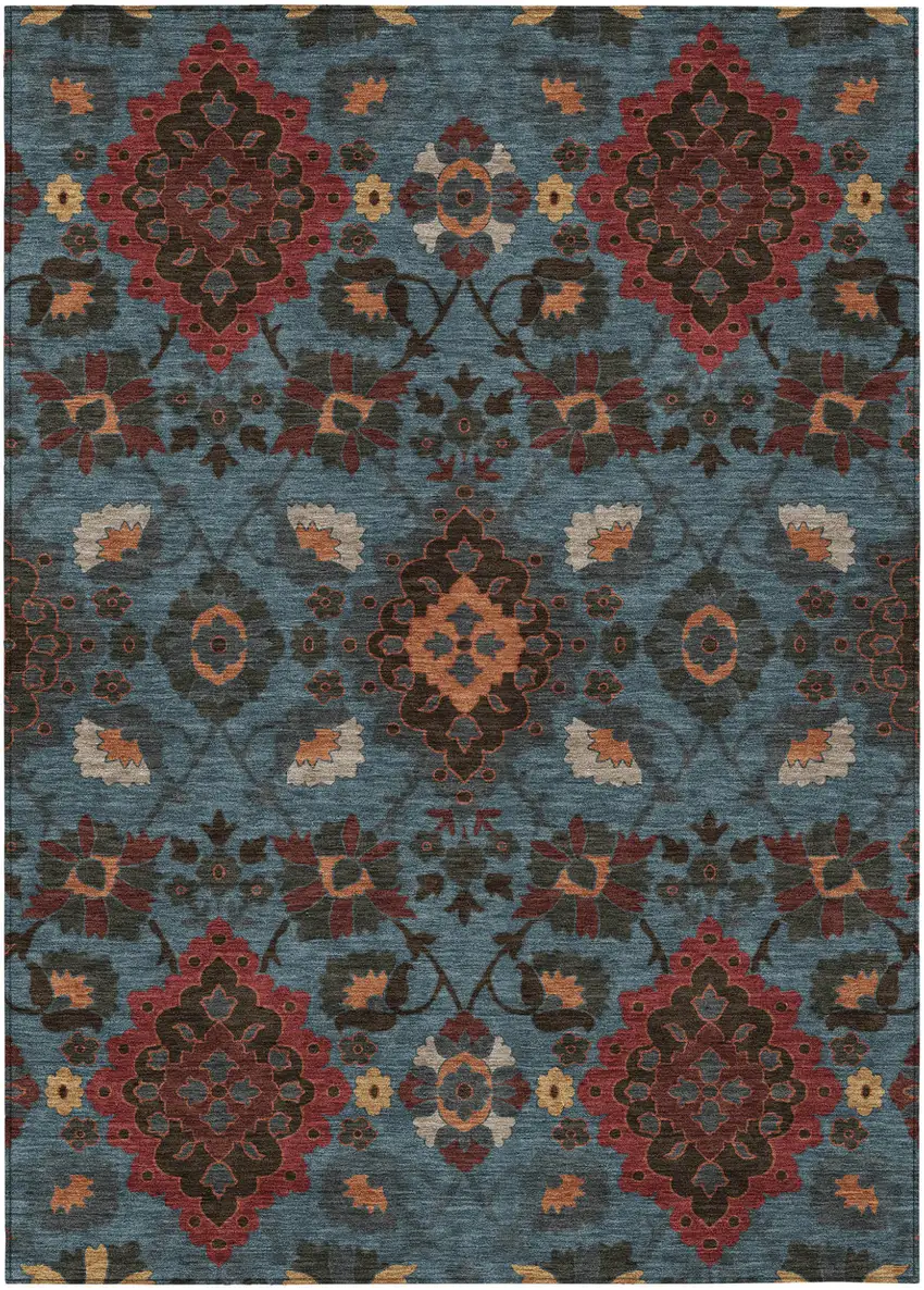 Denim Blue Brick Red And Brown Oriental Washable Indoor Outdoor Area Rug Photo 2