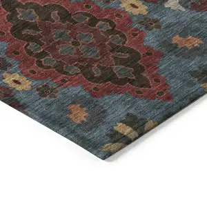 Photo of Denim Blue Brick Red And Brown Oriental Washable Indoor Outdoor Area Rug