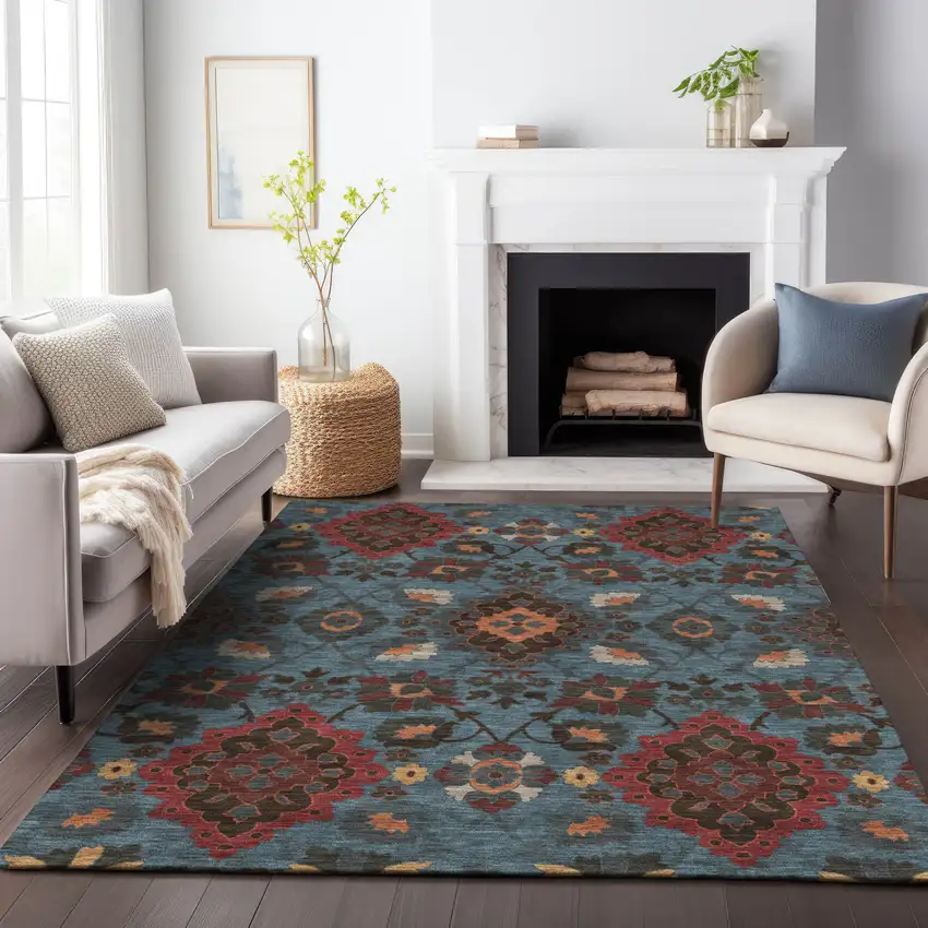 Denim Blue Brick Red And Brown Oriental Washable Indoor Outdoor Area Rug Photo 9