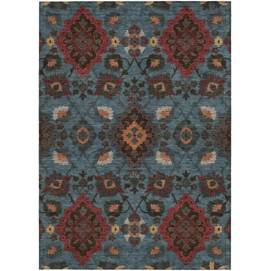 Denim Blue Brick Red And Brown Oriental Washable Indoor Outdoor Area Rug Photo 7