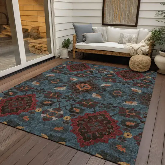 Denim Blue Brick Red And Brown Oriental Washable Indoor Outdoor Area Rug Photo 8