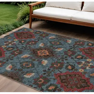 Photo of Denim Blue Brick Red And Brown Oriental Washable Indoor Outdoor Area Rug