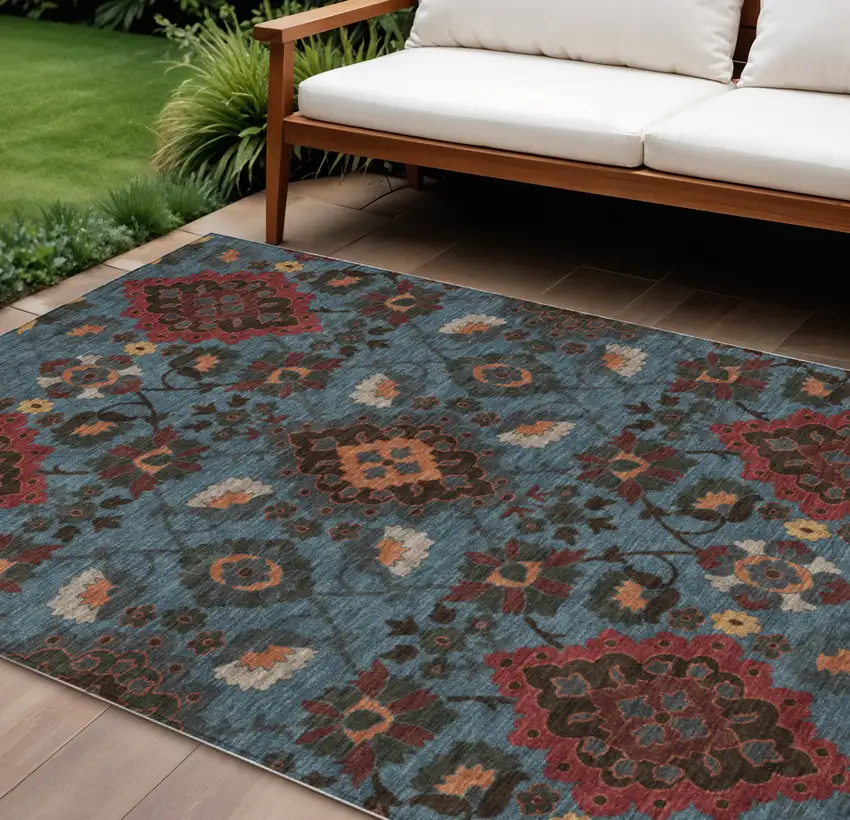 Denim Blue Brick Red And Brown Oriental Washable Indoor Outdoor Area Rug Photo 1