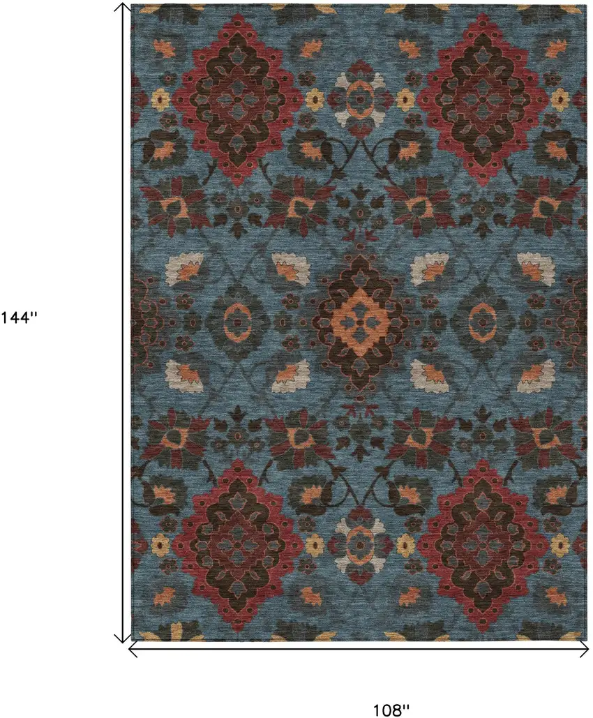Denim Blue Brick Red And Brown Oriental Washable Indoor Outdoor Area Rug Photo 3