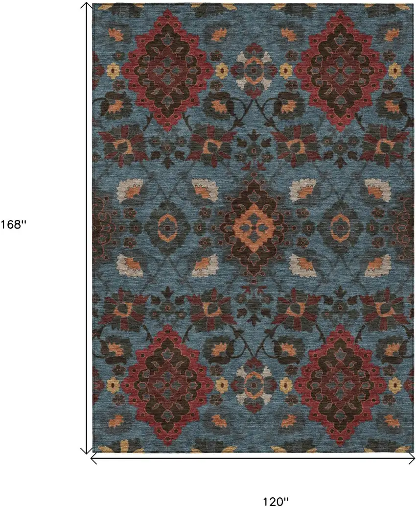 Denim Blue Brick Red And Brown Oriental Washable Indoor Outdoor Area Rug Photo 7