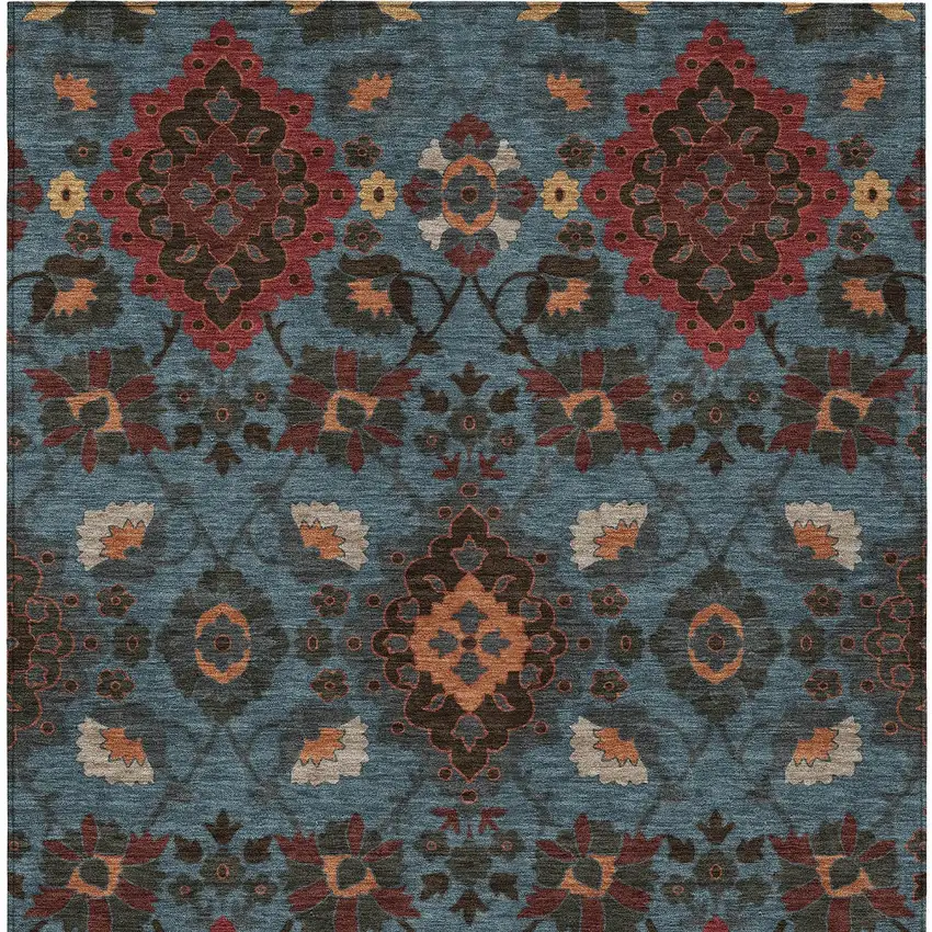Denim Blue Brick Red And Brown Oriental Washable Indoor Outdoor Area Rug Photo 6