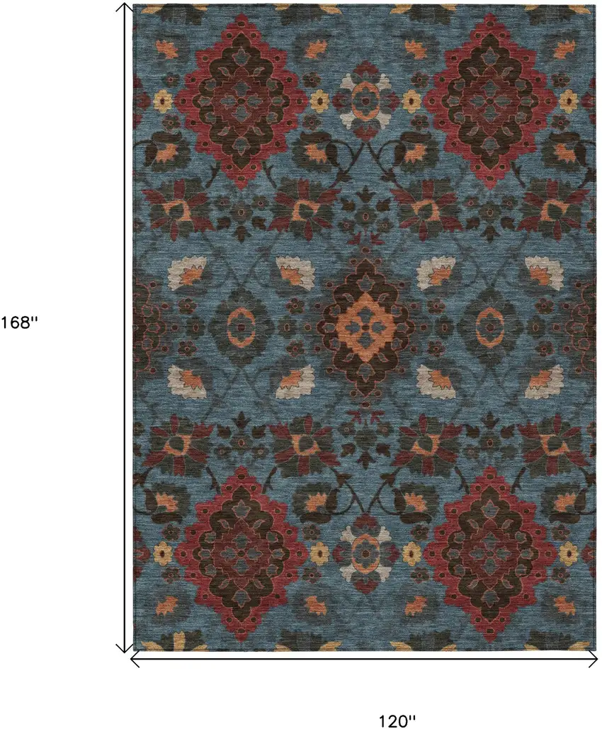 Denim Blue Brick Red And Brown Oriental Washable Indoor Outdoor Area Rug Photo 3