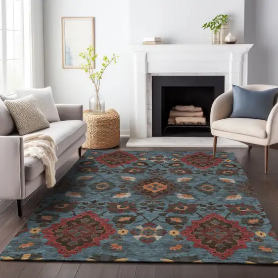 Denim Blue Brick Red And Brown Oriental Washable Indoor Outdoor Area Rug Photo 9
