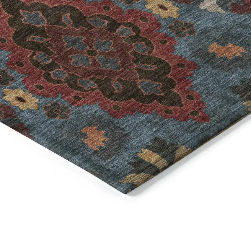 Denim Blue Brick Red And Brown Oriental Washable Indoor Outdoor Area Rug Photo 4