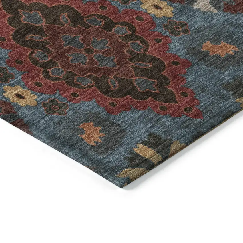Denim Blue Brick Red And Brown Oriental Washable Indoor Outdoor Area Rug Photo 3
