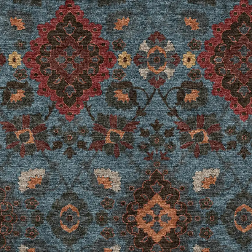 Denim Blue Brick Red And Brown Oriental Washable Indoor Outdoor Area Rug Photo 5