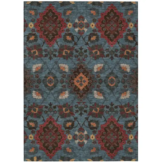 Denim Blue Brick Red And Brown Oriental Washable Indoor Outdoor Area Rug Photo 2