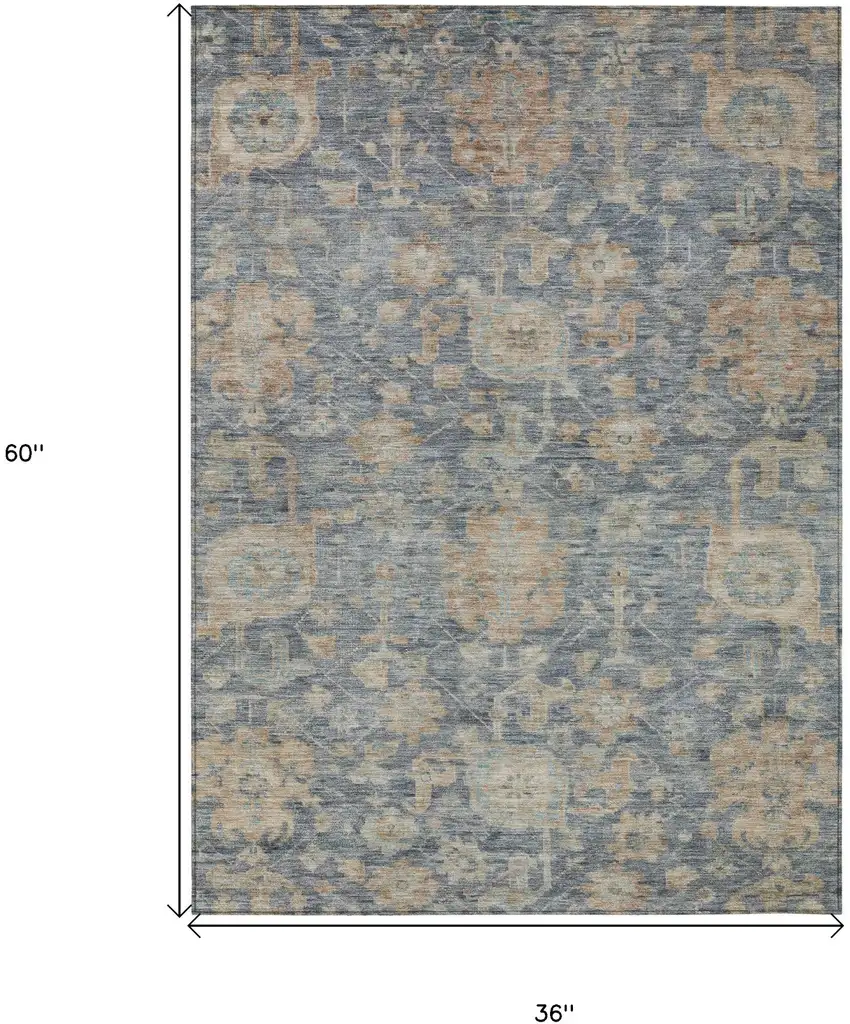 Denim Blue Brown And Beige Damask Washable Indoor Outdoor Area Rug Photo 7