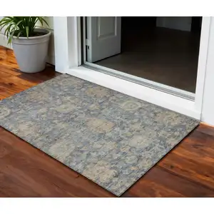 Photo of Denim Blue Brown And Beige Damask Washable Indoor Outdoor Area Rug