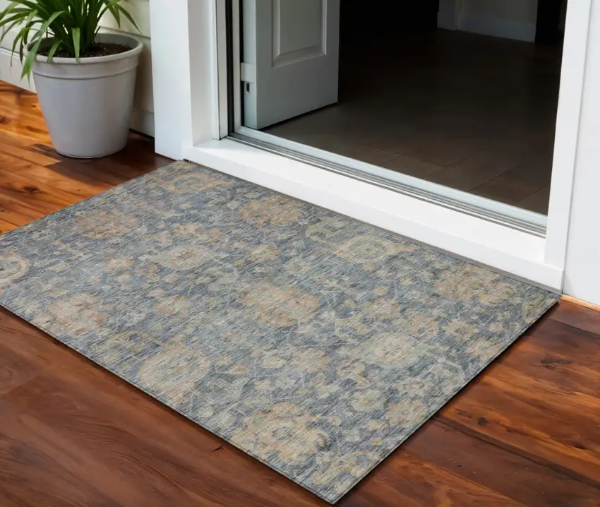 Denim Blue Brown And Beige Damask Washable Indoor Outdoor Area Rug Photo 1
