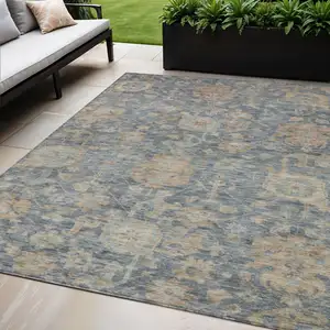 Photo of Denim Blue Brown And Beige Damask Washable Indoor Outdoor Area Rug