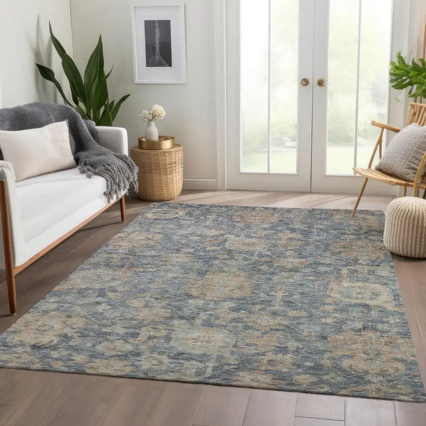 Denim Blue Brown And Beige Damask Washable Indoor Outdoor Area Rug Photo 9