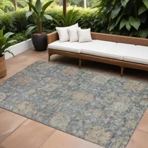 Photo of Denim Blue Brown And Beige Damask Washable Indoor Outdoor Area Rug