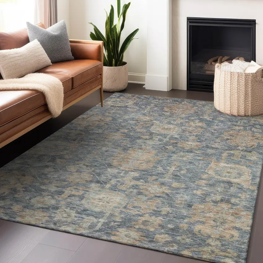 Denim Blue Brown And Beige Damask Washable Indoor Outdoor Area Rug Photo 7