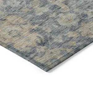 Photo of Denim Blue Brown And Beige Damask Washable Indoor Outdoor Area Rug