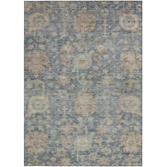 Denim Blue Brown And Beige Damask Washable Indoor Outdoor Area Rug Photo 5
