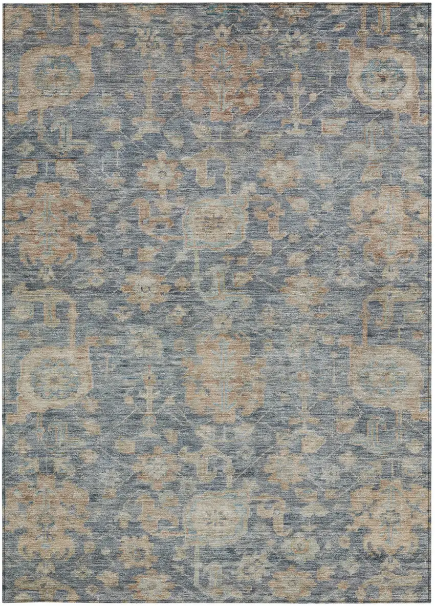 Denim Blue Brown And Beige Damask Washable Indoor Outdoor Area Rug Photo 5