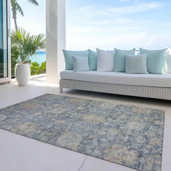 Denim Blue Brown And Beige Damask Washable Indoor Outdoor Area Rug Photo 6